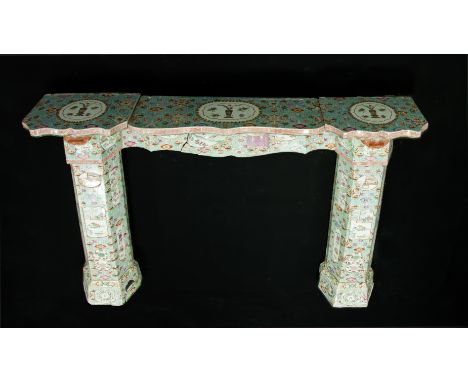 A fine and rare Mason's Ironstone chinoiserie fire surround, circa 1830, printed Mason's mark, the shaped raised mantel upon 