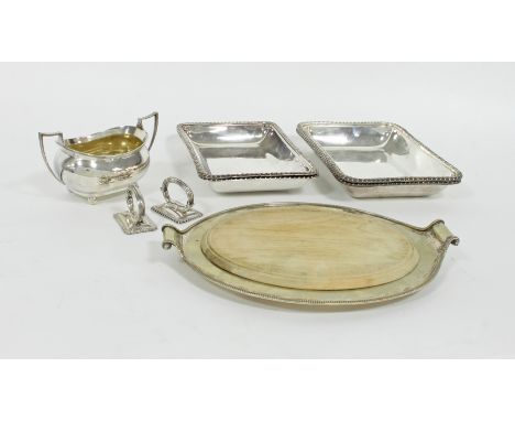 A pair of plated entrée dishes, Maple & Co, London, of rectangular shape with gadrooned rims,  a plated serving dish and a su