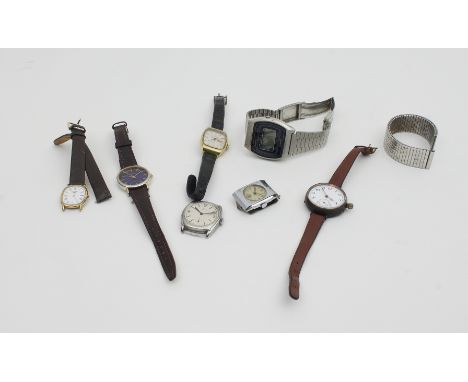 A collection of wristwatches, including a gentleman's stainless steel Omega watch head with a seconds subsidiary dial, a 1970