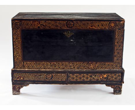 A late 18th Century/ early 19th Century Chinese export black lacquer and gilt mule chest, decorated interlaced banded borders