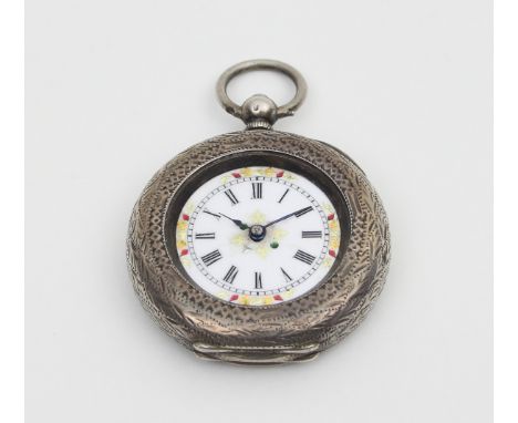 A Swiss silver and enamel open faced pocket watch, late 19th Century, the white enamel dial with Roman numerals with red enam