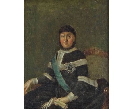 Early 19th Century Continental School/Portrait of a Seated lady/wearing a blue sash and order of chivalry/oil on canvas, 20.5