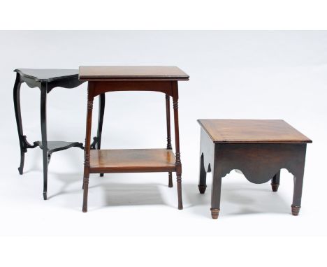 An Edwardian card table, a mahogany commode and a triform table