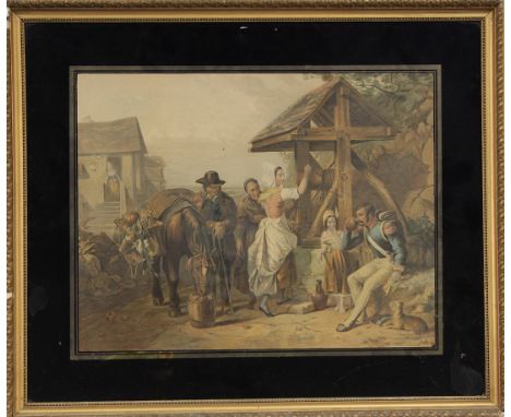 After Le Blond/Print of a Soldier Drinking at a Well/print, 28.5cm x 36.5cm/in a verre églomisé frame/a Baxter print and sund