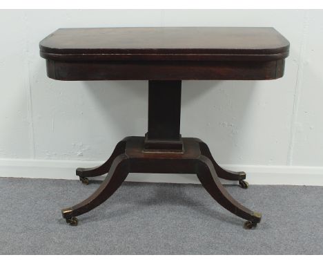 A William IV mahogany card table on central column and splayed rectangular base with splayed feet, 92cm wide