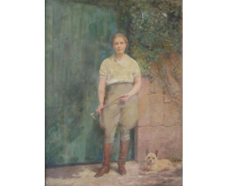 C K R, 20th Century English School/Portrait of a Young Lady/full length, wearing jodhpurs and holding a crop, a white terrier