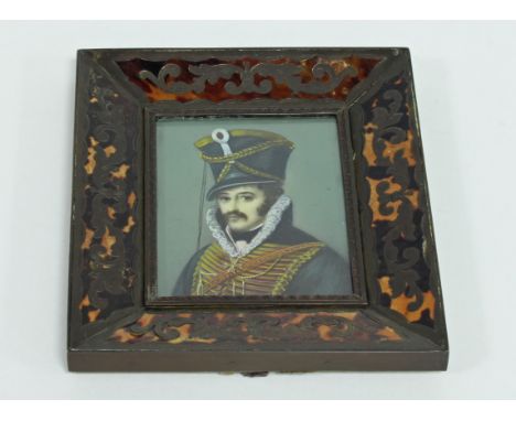 A portrait miniature of an officer of Napoleonic period, in a boulle frame, 7cm x 6cm