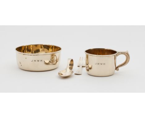 A 14K gold christening set by Cartier, USA, circa 1943, comprising a bowl, a cup, a spoon and a fork, all engraved with the i