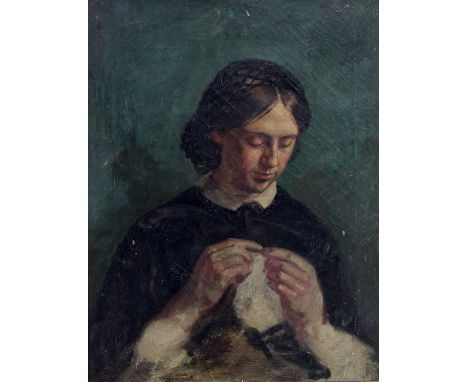 19th Century English School/Portrait of a Woman Sewing/oil on canvas, 44cm x 33.5cm Condition Report: There is a heavy cracqe