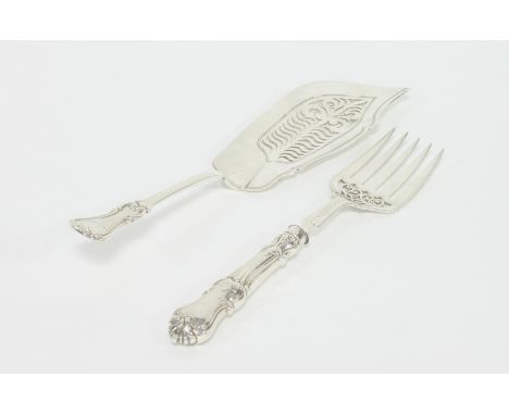 A silver fish slice and fork, London 1865, Sheffield 1865, 32cm long