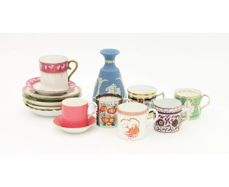 A Royal Worcester Imari pattern cabinet cup and saucer, six other cabinet cups and saucers and a piece of Wedgwood jasperware