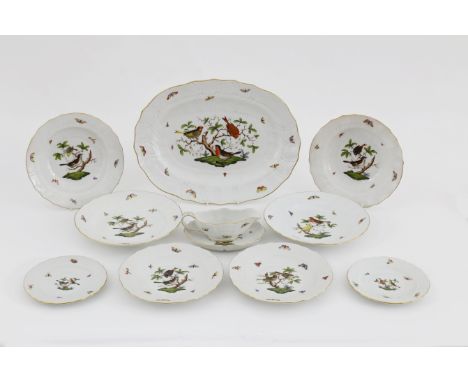 A Herend 'Rothschild Birds' pattern part dinner service, modern, painted with various birds in branches and scattered insects