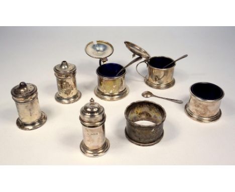 SILVER CYLINDRICAL THREE PIECE CRUET WITH BLUE GLASS LINERS AND SPOON, LONDON 1936, SIMILAR CRUET, BIRMINGHAM 1937, NAPKIN RI