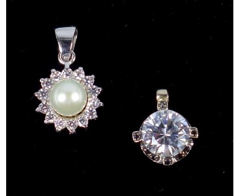 14 CT WHITE GOLD PENDANT SET CULTURED PEARL AND 14 CZ STONES, WHITE METAL AND SAPPHIRE PENDANT SET CZ. 