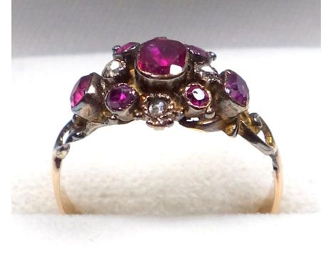 GEORGIAN GOLD, DIAMOND AND BURMESE RUBY RING, SIZE J,  SEVEN RUBIES AND FOUR DIAMONDS,   I.7 GRAMS 