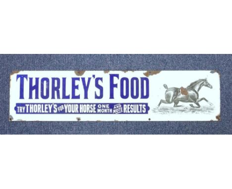 A LATE VICTORIAN ENAMEL ADVERTISING SIGN 'THORLEY'S FOOD', 20.5CM X 84 CM.
