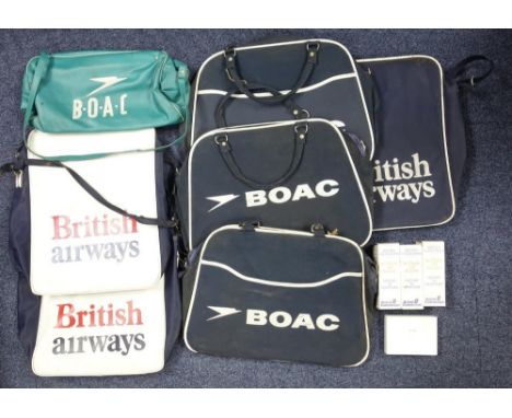 B.O.A.C TURQUOISE BLUE VINYL CABIN BAG C.1960's, (W. 37 CM) THREE LATER LARGER BLUE CLOTH BAGS, THREE BRITISH AIRWAYS BAGS, T