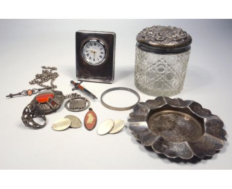 SILVER PIN TRAY (DIA. 9.5 CM), 30 GRAMS, SMALL CLOCK IN SILVER FRAME (H. 6.5 CM), HOBNAIL CUT GLASS DRESSING TABLE JAR WITH S