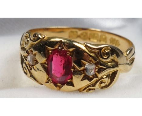 18 CT GOLD, DIAMOND AND RUBY GYPSY RING, SIZE P, SET THREE STONES, CHESTER, 1912, GROSS WEIGHT 2.9 GRAMS