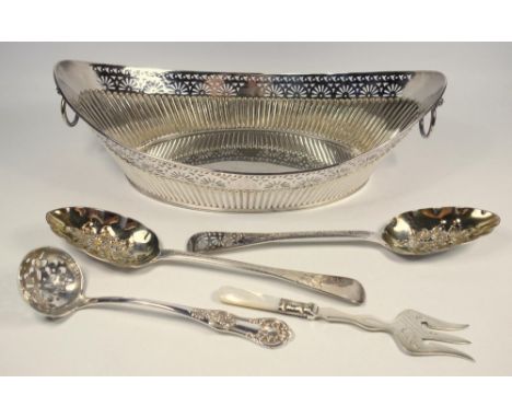 A PAIR OF SILVER BERRY SPOONS, S M, LONDON, 1777, 126 GRAMS, A SILVER PLATED BREAD BASKET WITH PIERCED FLORAL DECORATION, A M