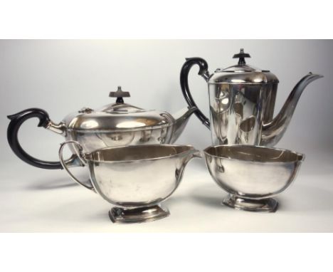 ART DECO SILVER PLATED FOUR PIECE TEA AND COFFEE SET OF ROUNDED RECTANGULAR FORM, COMPRISING A TEAPOT, COFFEE POT, SUGAR BASI