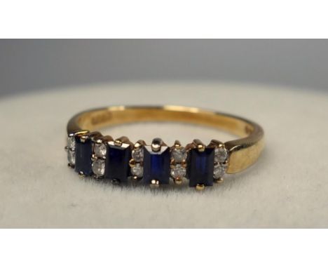 9 CT GOLD RING SET FOUR SAPPHIRES AND TEN DIAMONDS, SIZE M, 1.8 GRAMS