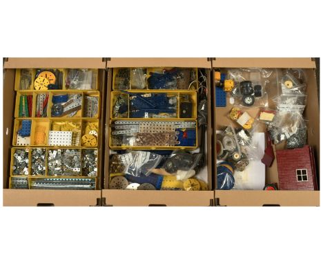 Meccano group of 1970s era Parts plus others - to include Yellow, Blue and Zinc plates, struts etc. Plus brass gear component
