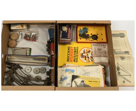 Meccano Assortment of parts - to include instruction guides, Hornby-Meccano clockwork locomotive plus track &amp; assortment 