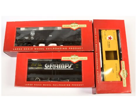 Bachmann Big Hauler G Scale group of 3x Wagons to include Ref. 93445 'G' Tank Car "Gramps" plus others (see photo). Condition