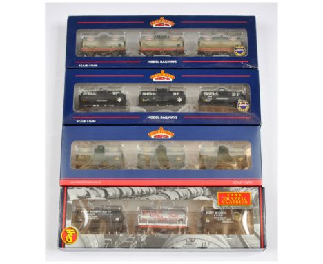 Bachmann OO Gauge group of 4x Tank Wagon Triple Packs to include Ref. 37-682Z 14T Factory Weathered Tank Wagons "Crossfield C