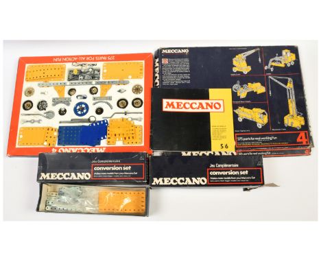 Meccano group of 2x Conversion Sets and &amp; late issue Outfit No. 4 with parts in Yellow, Blue and Nickel Silver plus "Mecc