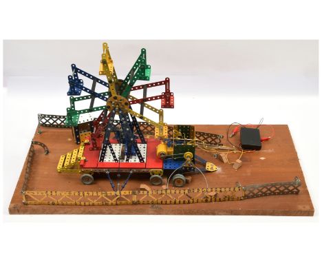 Meccano Assembled Ferris Wheel - COLLECTION ONLY due to size - Assembled onto wooden board, with gearbox and motor, plus kios