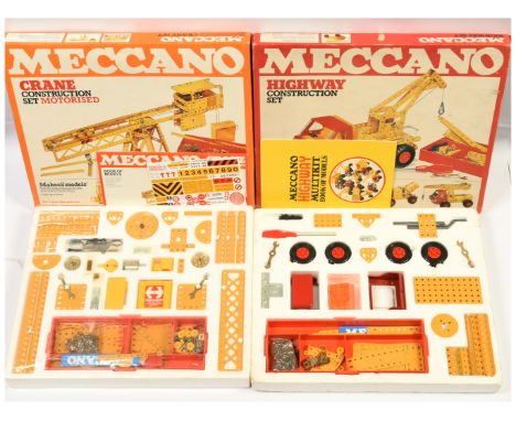 Meccano Outfits - to include two No.4 Outfits, one highway set and one Motorised Crane set. Crane set has factory sealed styr