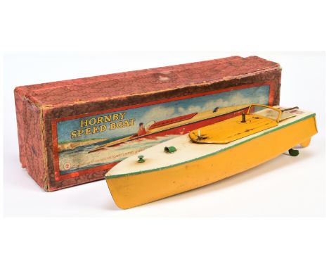 Meccano/Hornby Pre-War circa1934/35 No. 2 "Swift" Speedboat in yellow and cream. Condition is Fair to Good in Fair to Good bo