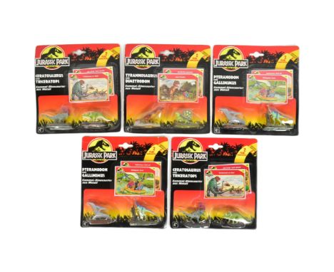 Jurassic Park - x5 vintage 1990s (1993) Kenner made Jurassic Park carded diecast dinosaur figures with movie collecting cards