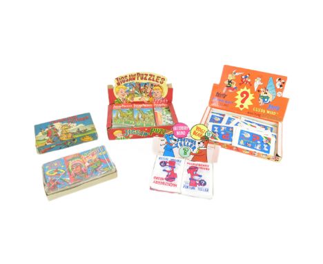 Stock Boxes - a collection of x5 vintage c1950s to 1970s toy shop counter-top stock boxes of cards / puzzles etc. Comprising: