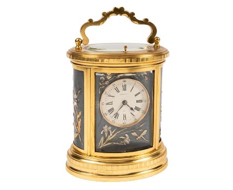 A RARE FRENCH OVAL STRIKING AND REPEATING CARRIAGE CLOCK WITH THREE SHIBAYAMA STYLE PANELSRetailed by Bigelow Kennard & Co., 