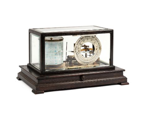 AN OAK-CASED BAROGRAPH WITH SILVERED BAROMETER RINGSigned Henry Wells, Shrewsbury, No 715 With bevelled glass panels to the l