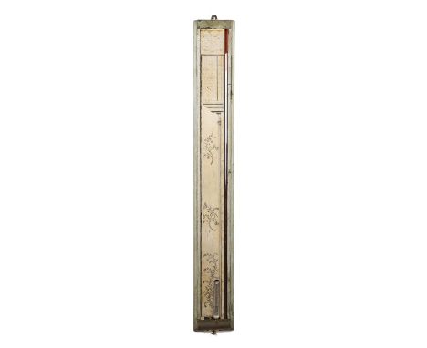 A FRENCH PROVINCIAL GREY-PAINTED STICK BAROMETEREarly 19th centuryThe rectangular grey-painted backboard with a moulded edge,