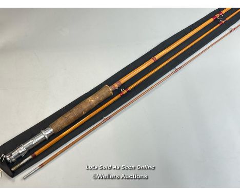 Vintage unbranded 7' 10" 3 piece hexagonal split cane rod, seven guide rings with cork handle and cloth bag.