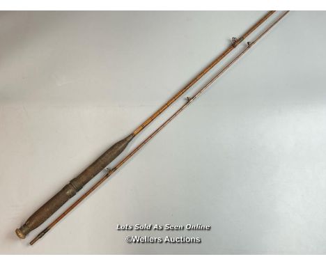 Vintage W. Hamlin. Of Cheltenham  6’6” 2 piece split cane fly brook rod, seven rings with cork handle and canvas bag.