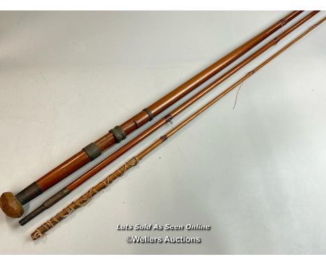 Antique 14' 3 piece hardwood fishing rod stamped "Bernard, Church Place, Piccadilly", in need of some restoration