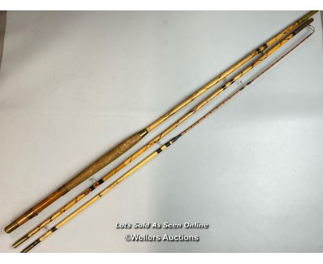 Vintage Ogden Smith 8’ 3 piece whole flamed cane butt &amp; middle joint with a spliced split cane top fly rod, seven rings, 
