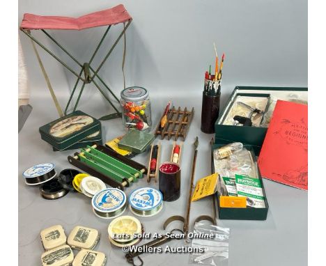 Assorted accessories including folding seat , quill floats, boba floats, float holders, brass rod rests, a selection of fishi