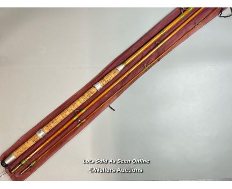 Vintage unbranded 9' 3 piece hexagonal split cane rod, possibly by Farlows, eight rings with cork handle and cloth  case.