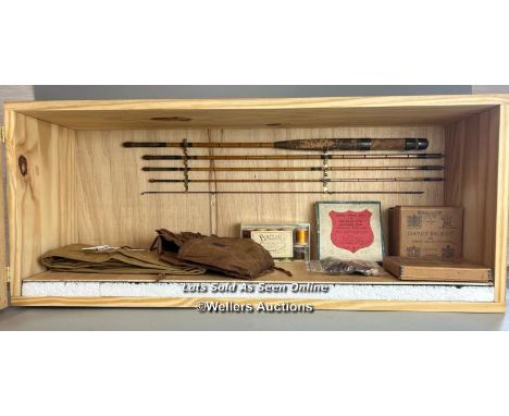 Milwards 9’ 5 piece split cane valise trout fly rod, with various other angling items including Pearsall's Fly dressing silk,