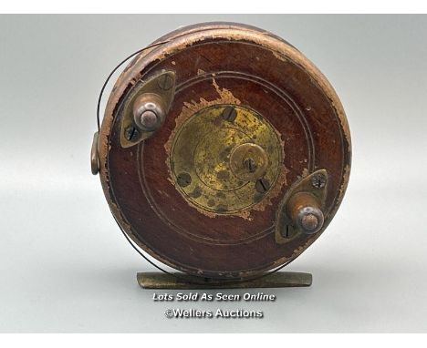 Vintage Allcock’s 3 ½” oakwood centre pin reel with brass foot, starback, and slater catch.