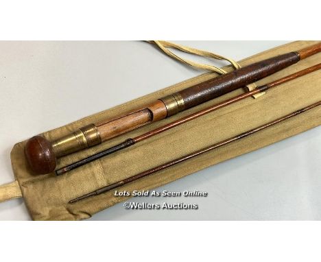 Antique unbranded 9’ 3 section fly rod c1890, with leather handle and nine button drop guide rings, carved reel saddle and sl