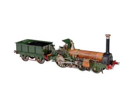 Modell einer britischen Echtdampflokomotive mit Tender im Maßstab 1:11Crampton-Lokomotive "Pat" von ca. 1850, Achsfolge 2-A-0