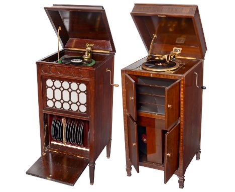 2 Stand-Grammophone1) Schrankgrammophon HMV Modell 192, um 1929, leistungsstarker Vier-Feder-Motor Modell 34, Schalldose Nr. 